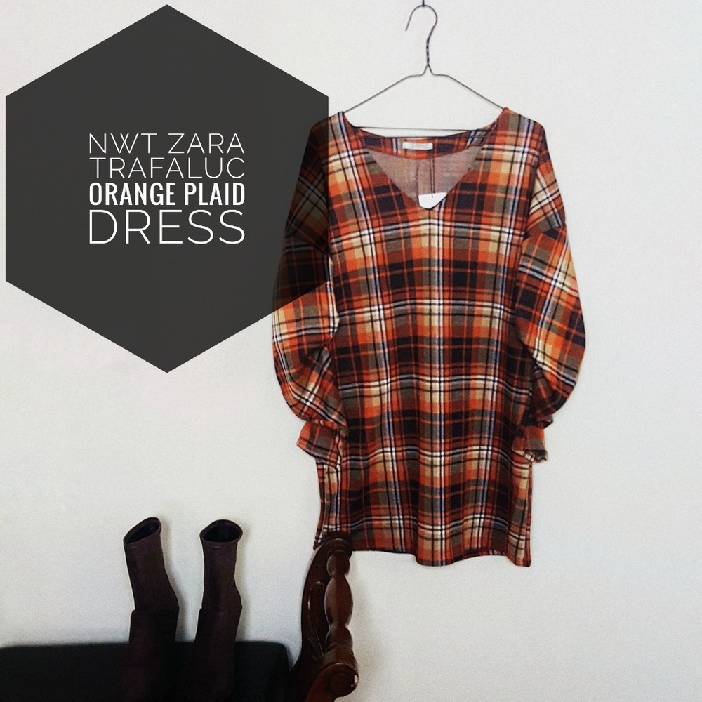 NWT Zara Trafaluc Orange Plaid Puffy Sleeve Dress